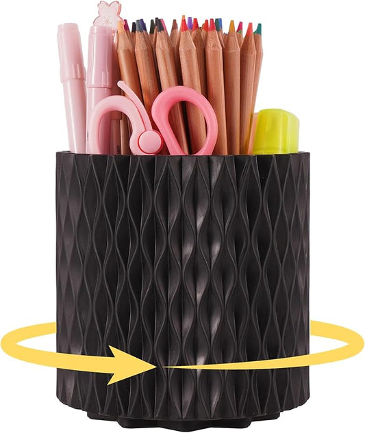 Black Pen Holder for Desk, 360° Rotating Pen Organizer with 5 Slots - Spinning Pencil Holder & Pencil Cup for Office, Art Supply, Makeup Brush - Desk Organizer for Home, School