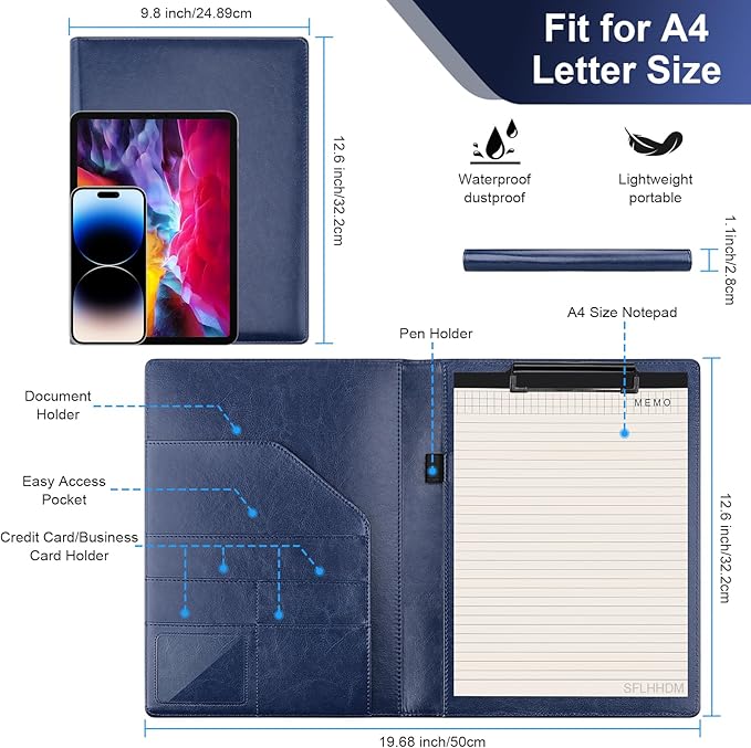 Clipboard Padfolio with Storage Pocket,Clipboard Folder Portfolio Organizer,360 Degree Foldable Clipboards with Refillable Notepad,Faux Leather Padfolio Organizer for Office School Supplies-Blue