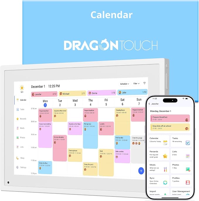 Dragon Touch 10.1 inch Digital Calendar Chore Chart – Interactive Touchscreen, Smart Family Planner, Hearth Display Desk Digital Calendar Seamless Scheduling white