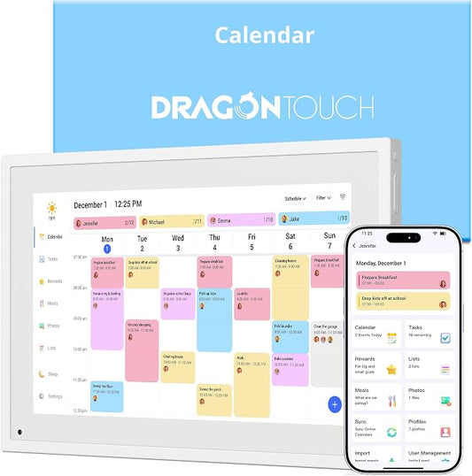 Dragon Touch 10.1 inch Digital Calendar Chore Chart – Interactive Touchscreen, Smart Family Planner, Hearth Display Desk Digital Calendar Seamless Scheduling white