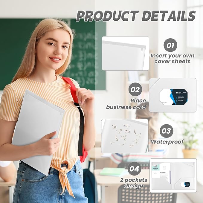 Henoyso 36 Pack White Plastic Folders with Clear Front Pockets Heavy Duty File Folders with 2 Pockets and Card Slot for Student Communication School Office Presentation Report