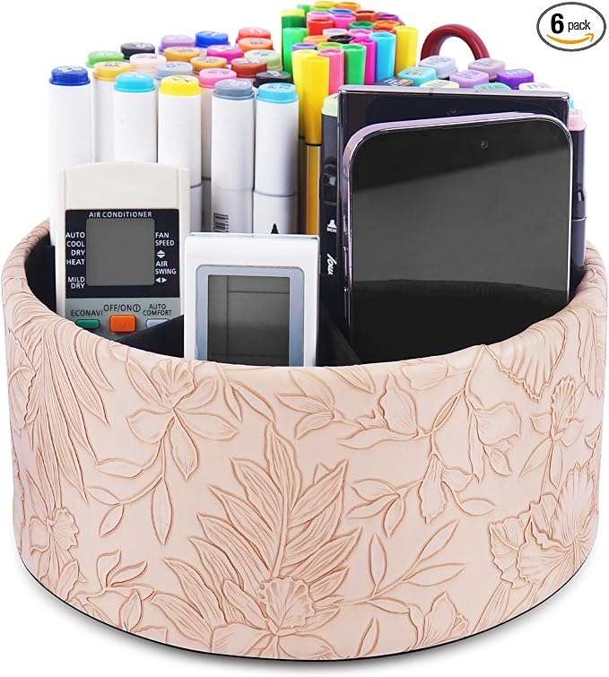 Remote Control Holder, 360°Spinning PU Leather Desk TV Remote Caddy,Desk Storage Box Room Accessories for Controller, Media,Mail,Calculator, Mobile Phone,Pencil(1-Carved Light Brown)