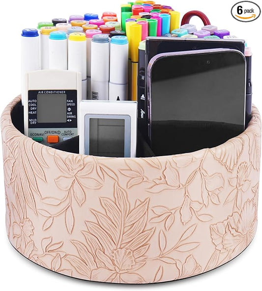 Remote Control Holder, 360°Spinning PU Leather Desk TV Remote Caddy,Desk Storage Box Room Accessories for Controller, Media,Mail,Calculator, Mobile Phone,Pencil(1-Carved Light Brown)
