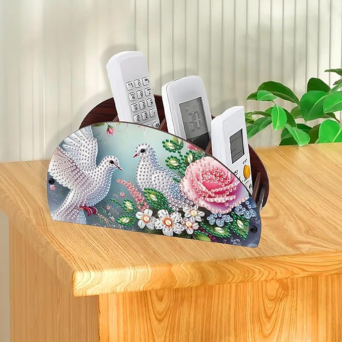 Remote Control Holder with 4 Compartments, DIY Diamond Art Painting Wooden Half Moon TV Control Holder for Remote Controllers, Office Supplies, Makeup Brush, Media Accessories-Pigeon-2