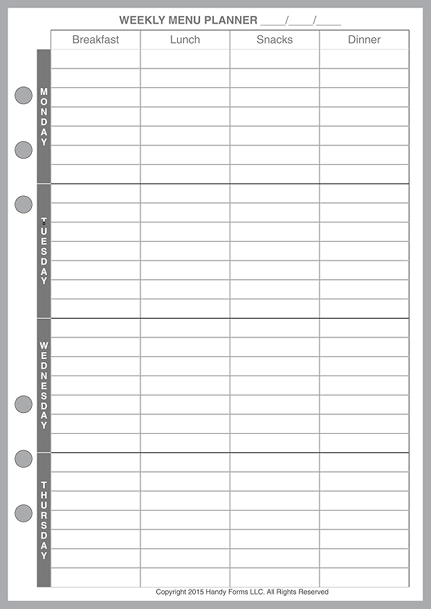 A5 Size Menu Planner and Shopping List, Sized and Punched for 6-Ring A5 Notebooks by Filofax, LV (GM), Kikki K, TMI, and Others. Sheet Size 5.83" x 8.27" (148mm x 210mm)