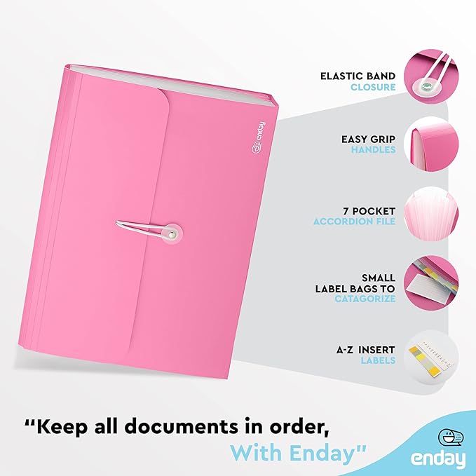 Accordion File Organizer Pink, 7 Pocket Expanding File and Cover Folder with Labels, Plastic Portable Desktop Letter A4 Paper, Also Available in Red, Purple, Green, Blue, Grey, 1 Pc – By Enday