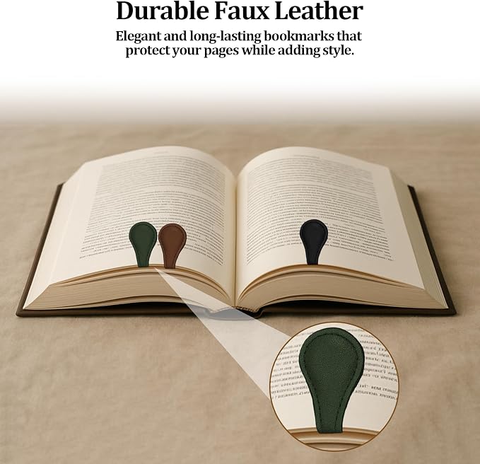 3 PCS Magnetic Bookmarks, Vintage Faux Leather Book Marks for Reading, Double-Sided Magnetic Bookmarks Book Accessories, Stylish Gifts for Book Lover Readers Men Women Teachers Students