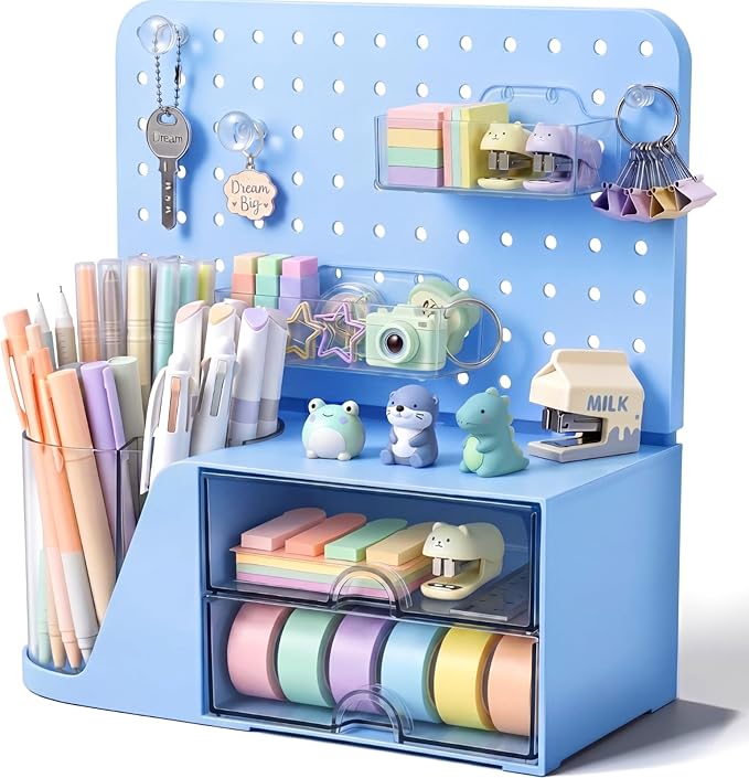 Novabright Desk Organizer with Drawers, Rotating Pen Holder with 5 Slots & Pegboard, Back to School & First Day of School Gifts, Multifunctional Desktop Storage for Desk Home Office Supplies(Blue)