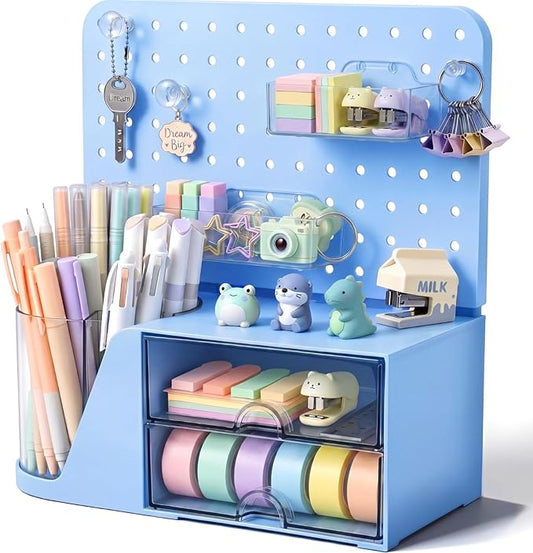 Novabright Desk Organizer with Drawers, Rotating Pen Holder with 5 Slots & Pegboard, Back to School & First Day of School Gifts, Multifunctional Desktop Storage for Desk Home Office Supplies(Blue)
