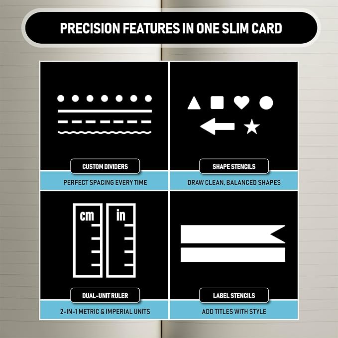 Stainless Steel Pocket Journaling Card – Bullet Point Stencils, Planner Stencils, Calendar Stencil & Habit Tracker – Unique Shapes Journal Ruler & Bookmark for A5 Planners & Journaling Supplies