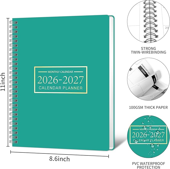 Monthly Planner 2026-2027, 2026 Calendar 24 Months Planner, Jan 2026 - Dec 2027, 8.6" x 11", Academic Calendar Hard PVC Cover with Spiral Bound, Perfect for School & Office for Women & Men