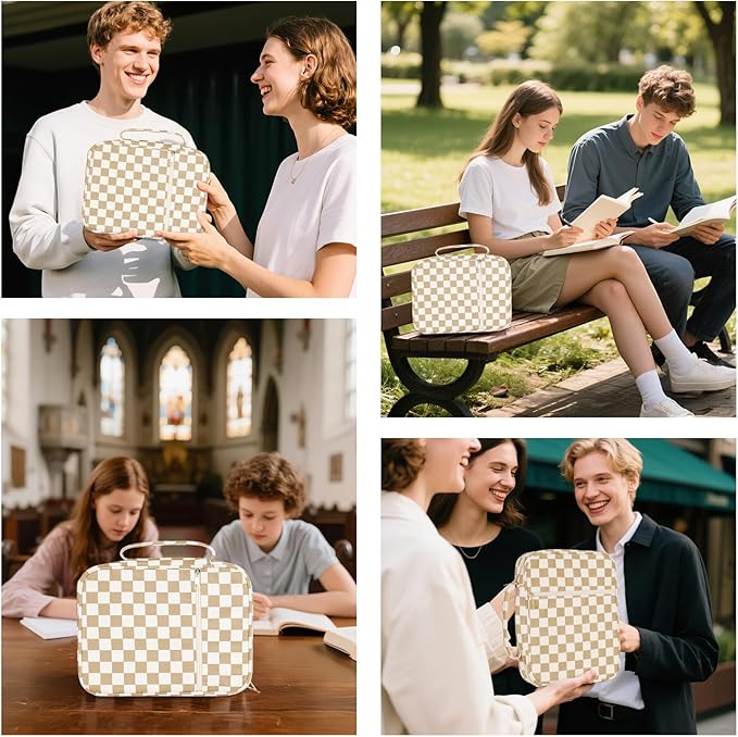 Bible Cover Case for Women Corduroy Bible Case for Girls Checkered Large Bible Cover with Handle Bible Study Supplies Accessories Christian Gifts for Women (Khaki, Medium)