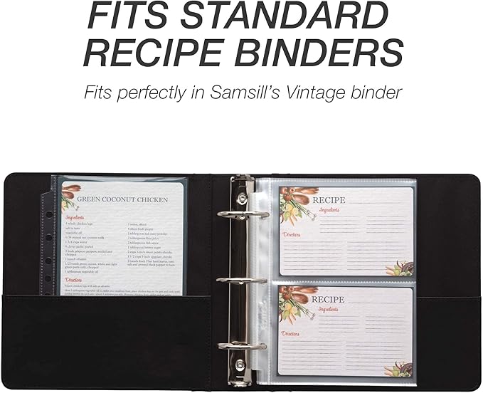Samsill 4x6 Recipe Card Protectors, Splatter Proof, 2-4 Recipe Cards Per Sheet, Fits 8" x 9" - 3 Ring Binders, 25 Pack