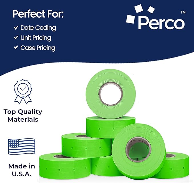 Perco 2 Line Fluorescent Green Labels - 8 Rolls, 1 Sleeve, 6,000 Blank Price and Date Gun Labels for Perco 2 Line Price and Date Guns - Made in USA