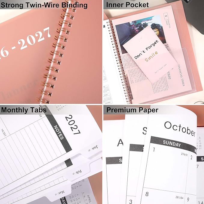 Monthly Planner 2026-2027 - 2026-2027 Planner, July 2026 - December 2027, 18 Monthly Planners/Calendar with Tabs, Pocket, Label, Contacts and Passwords, Twin-Wire Binding, 9" x 11", Waterproof Design, Pink