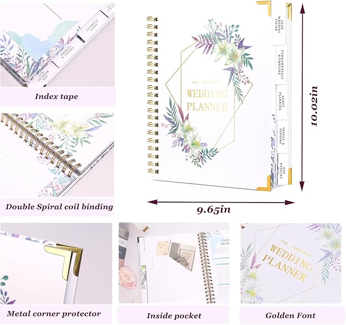 Spiral Wedding Planner Niotebook with Countdown Calendar, Beautiful Boho Wedding Planner Book and Organizer with Guiding Tab, Bridal Planning Binder (Lily)