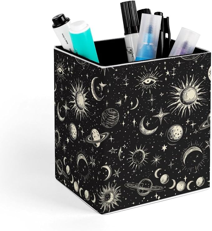 Stars Moon Sun Print Square Leather Pen Holder, Minimalist Desk Organizer for Office Home School, Pencil & Stationery Storage Box, Gift for Students Teachers Colleagues