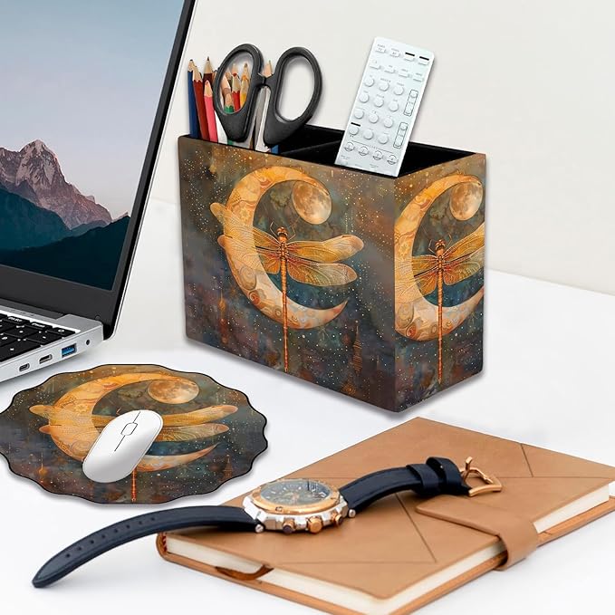 Pen Holder and Anti-Slip Mouse Pad Combination, Makeup Brush Storage Box, Tableware Storage Box, Suitable for Office and Home - Vintage Dragonfly