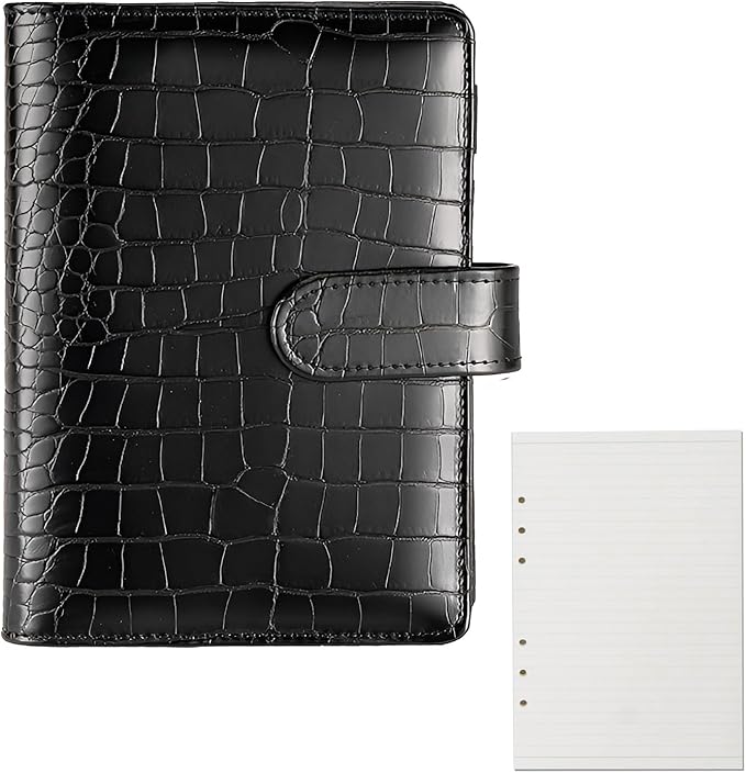 A5 6 Ring Crocodile Binder - Leather Planner Cover Refillable with 80 Lined Sheets for Budget,Journal,Money Organizer -Black