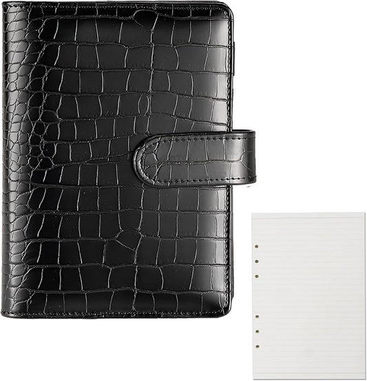 A5 6 Ring Crocodile Binder - Leather Planner Cover Refillable with 80 Lined Sheets for Budget,Journal,Money Organizer -Black