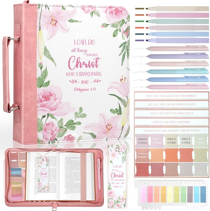 Bible Cover Case for Women PU Leather Bible Bag, Portable Holder Carrying Case with Study Supplies Storage, Christian Church Bag, Bible Journaling Kit Christian Gifts for Women and Girl (Pink)