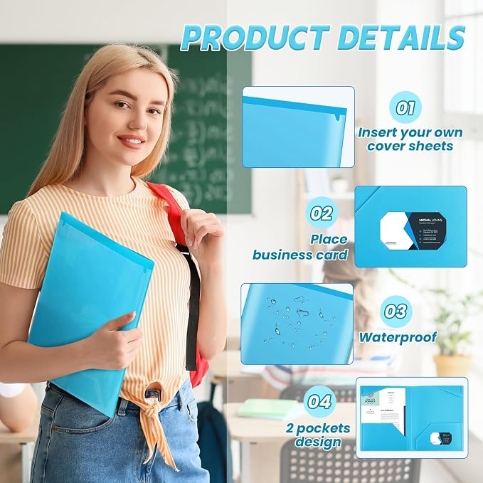 Henoyso 36 Pack Light Blue Plastic Folders with Clear Front Pockets Heavy Duty File Folders with 2 Pockets and Card Slot for Student Communication School Office Presentation Report