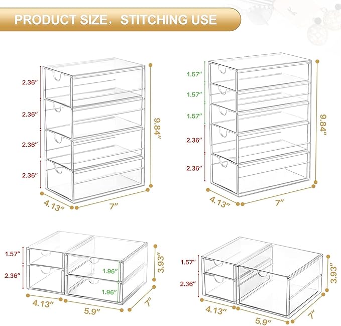Makeup Organizer Storage With 16 Drawers, 4 Pcs Desktop Office Supplies, Desk Organizers, Clear Accessories, Dustproof Storage Drawer and for Make Up, Jewelry, Pen, Stationary