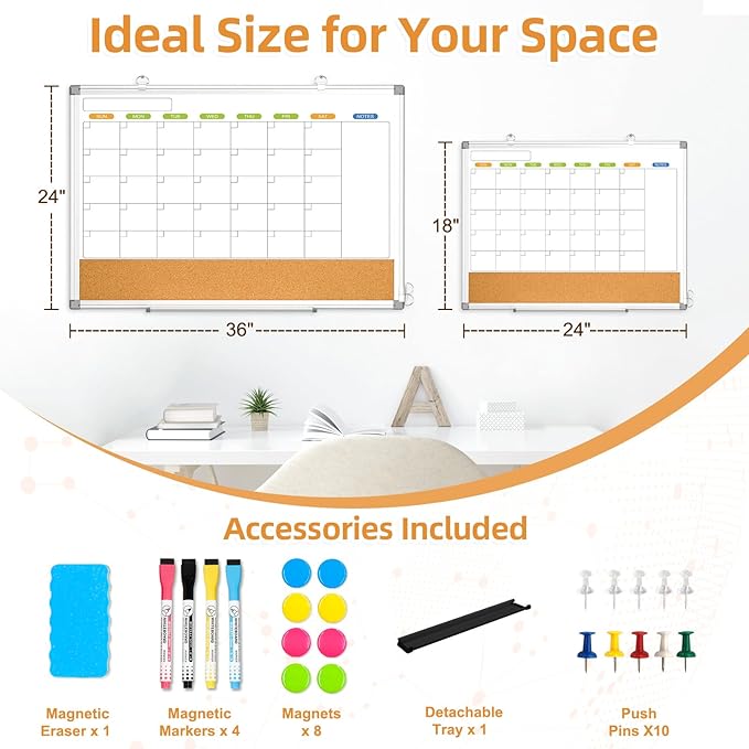 Dry Erase Calendar Whiteboard for Wall, WALGLASS 36" x 24" Double-sided Monthly Calendar White Board Cork Combo, Hanging Wall Mounted Bulletin Corkboards Silver Aluminum Frame for Home, Office, School