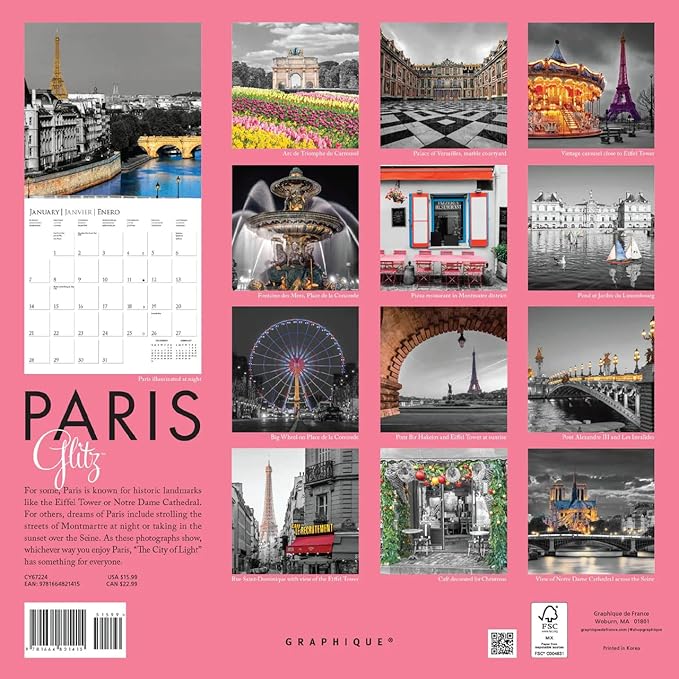 Graphique 2024 Paris Glitz Wall Calendar | 12” x 12” | Thick Paper | Home & Office Organizer | Large Monthly Grid | 3 Languages & Marked Holidays | 4 Month Preview Page for 2025