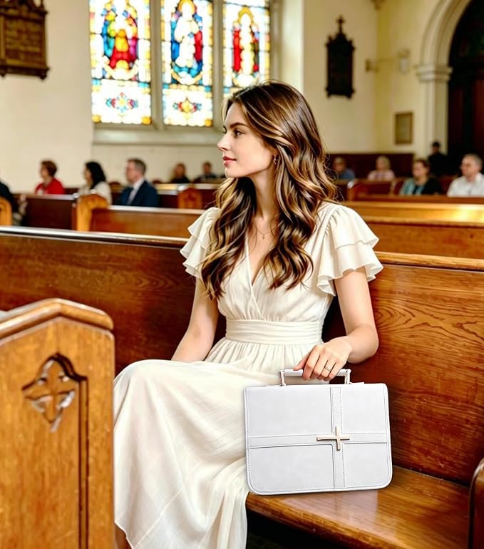 Vegan Leather Bible Cover for Men & Women, Bible Case with Gift Box, Christian Catholic Religious Bible Gifts (White)