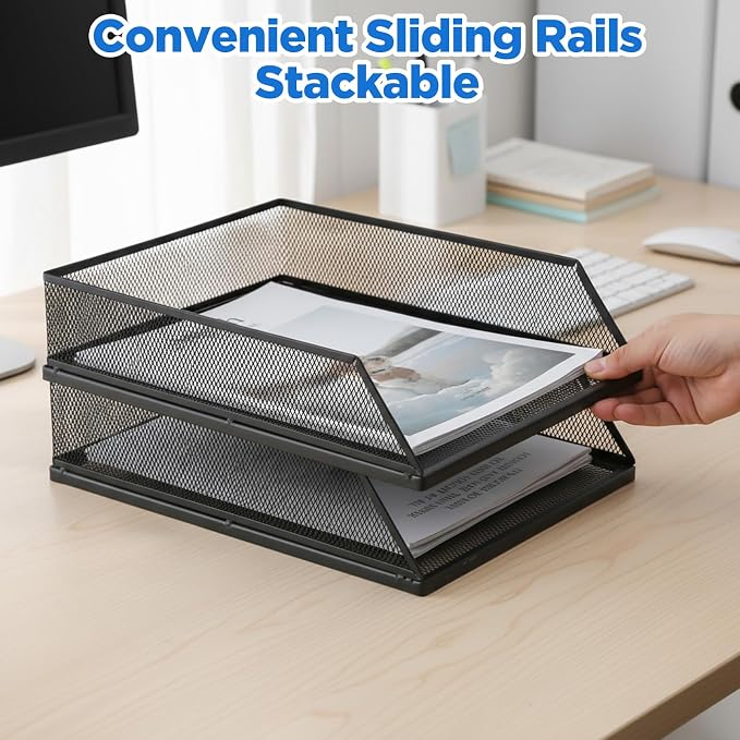 2Pcs Paper Organizer for Desk Metal Letter Tray Paper Tray Stackable File Holder A4 Black Desk Files Organizer Office Supplies File Document Storage Rack desks Drawer Organizers for Home