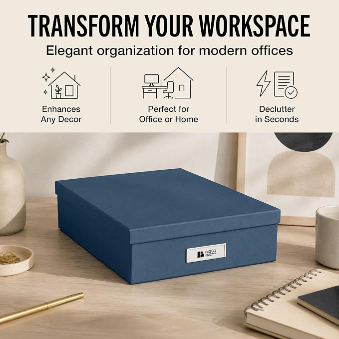 Bigso Box of Sweden Oskar Fiberboard Label Frame Document Letter Box | File Organizer for Important Paperwork | Document Storage with a Lid & Label Window | 3.3"x10.2"x13.8" | 3 Pack | Dark Blue