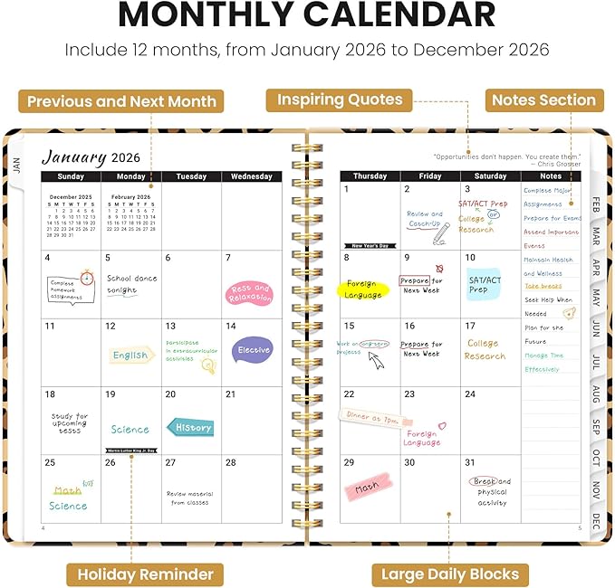 2026 Planner, Weekly and Monthly Planner for Women, January 2026 - December 2026, Hardcover 2026 Calendar Planner Book with Tabs, Inner Pocket, Spiral Bound, Perfect for Office Home School Supplies - A5 (6.3" x 8.5"), Leopard