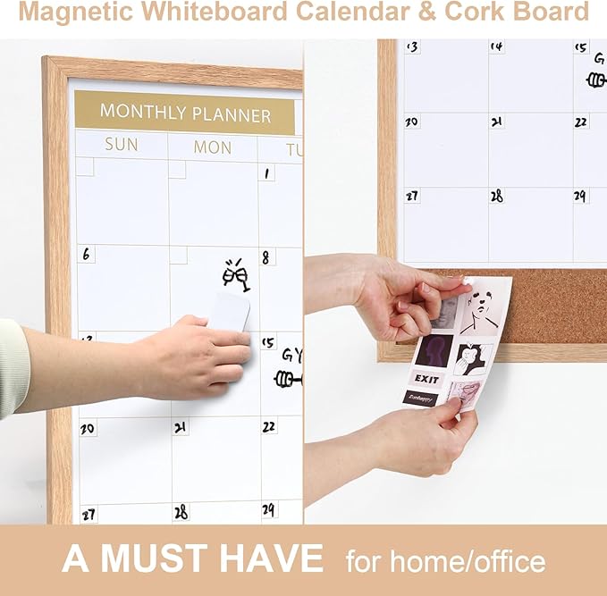ARCOBIS Calendar Whiteboard with Cork Board, 24"x18" Wood Frame Dry Erase Calendar for Wall, Magnetic Monthly Combination Board for Home, Office, School, Kitchen, Beige