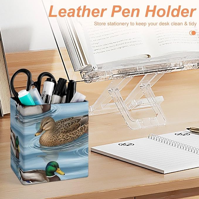 Pen Holder Square Leather Pencil, Holder Cup Makeup Brush Storage Organizer, Waterproof Multifunctional Office Supplies Blue Animals Mallard Ducks Wild Birds
