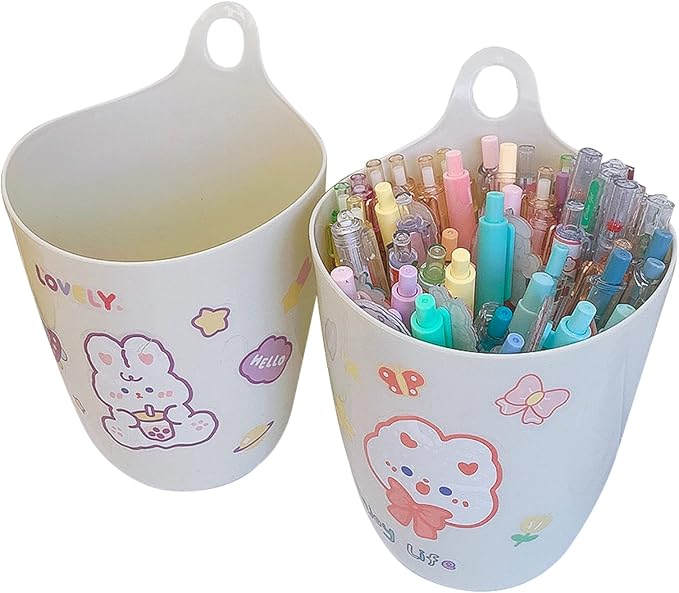 Wall Mount Pen Holder with Hanging Hook Remote Large Waste Basket Office Desk Management Organizer for Students Pen Cup Organizer Holder for Desk Unique White Cute Pink