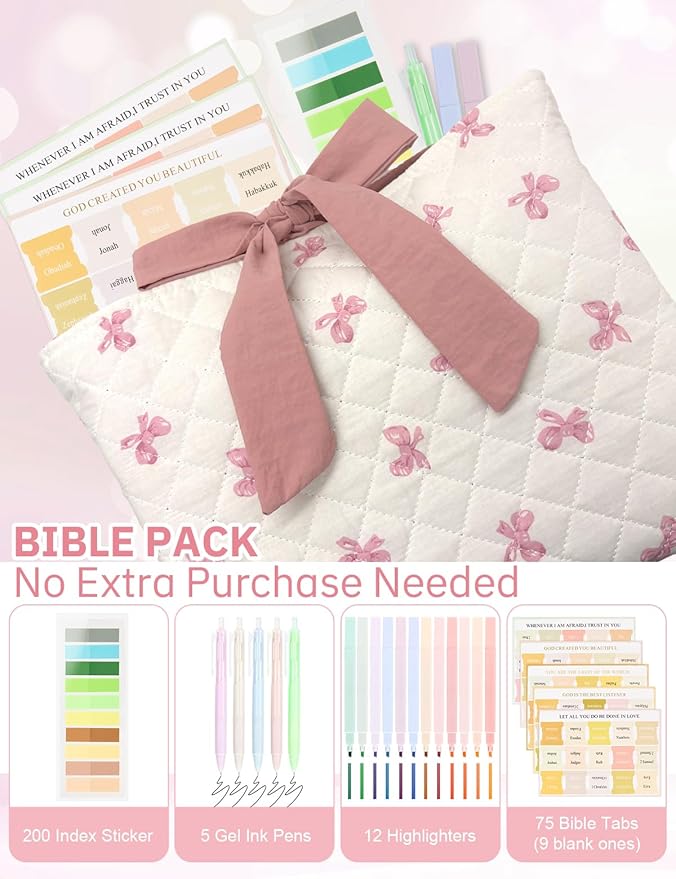 Bible Sleeve for Women Girls - Hand Carry Large Bible Cover with Pink Lace - Washable Padded Bible Case with Bible Study Supplies- Christian Gift for Women Girls Friends