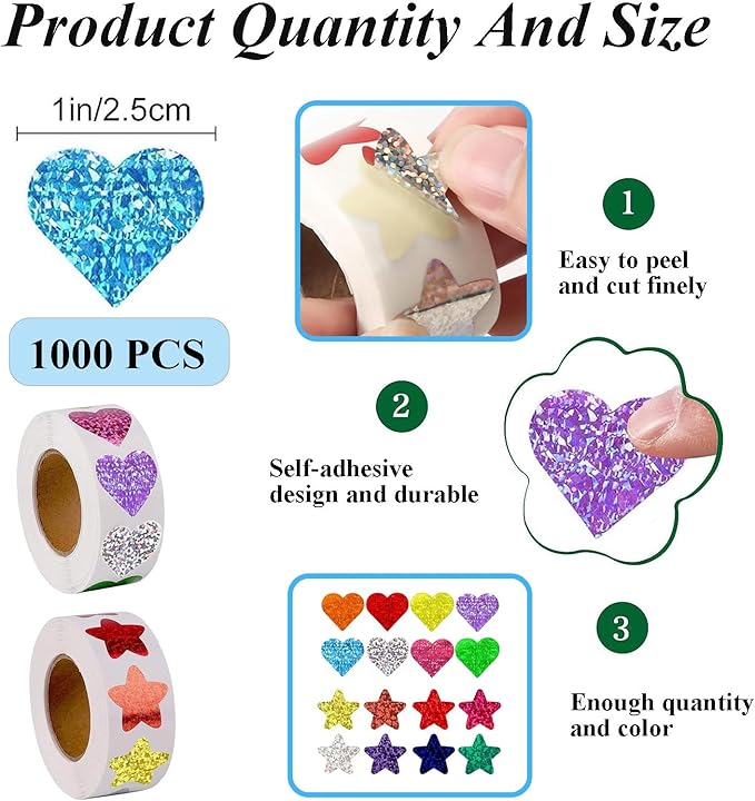 1000 PCS Incentive Stickers, Tekalobr Glitter Star and Heart Stickers, Reward Self Adhesive Stickers for Students Envelope Birthday Party Decoration Wedding School Classroom Teacher Supplies