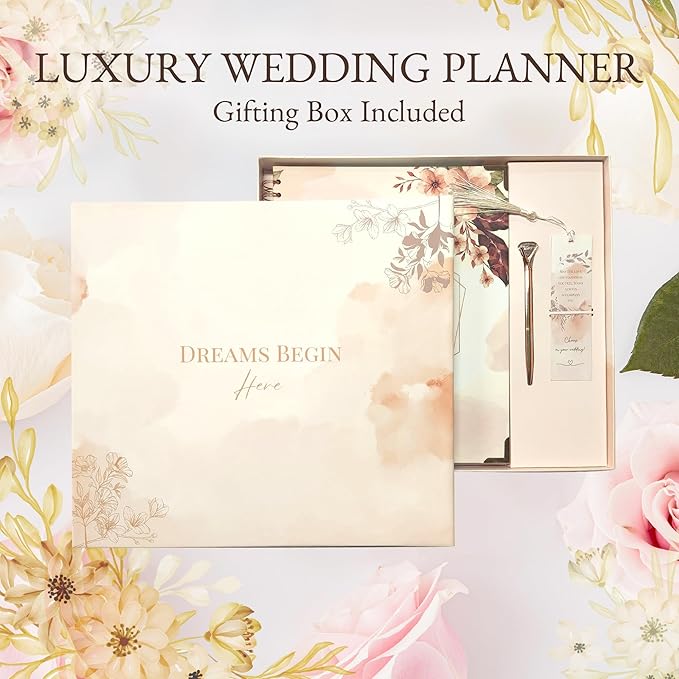 Wedding Planner with Gift Box, Pen, and Small Card, Perfect Wedding Planner Book and Organizer, Wedding Planning Book and Organizer for Future Brides and Grooms, Wedding Binder, 9X11 inches