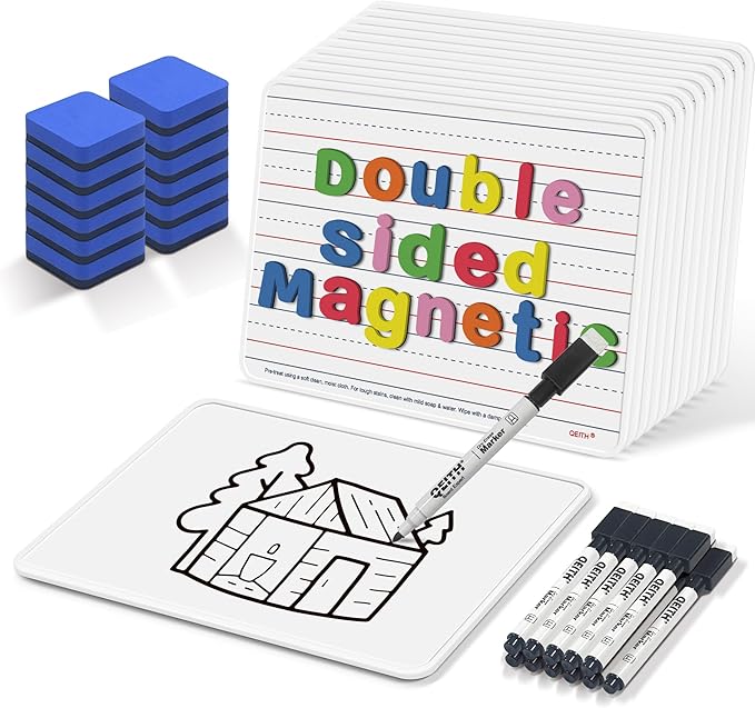Magnetic Dry Erase Boards, 12 Pack 9”x12” Double Sided Portable Personal Small Whiteboards with Lines, Include 12 Markers, 12 Erasers, 12X52 Foam Letters for Kids, Students, Teachers Classroom School