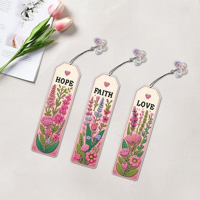 ARTopet 3Pcs DIY Diamond Art Painting Bookmarks with Colorful Butterfly Pendant PET Bookmark Ornament Double Sided Pattern Single Sided Diamond Book Marker Clip Gifts Tags-Flowers02