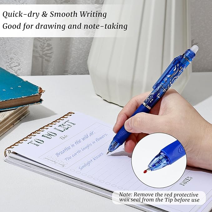 6 Pcs Retractable Erasable Pens, Colored Gel Blue Ink Pens Clicker with Erasers, 0.5mm Fine Point Smooth Writing Pen for Journaling Note-Taking Crossword Puzzles Supplies (Blue)