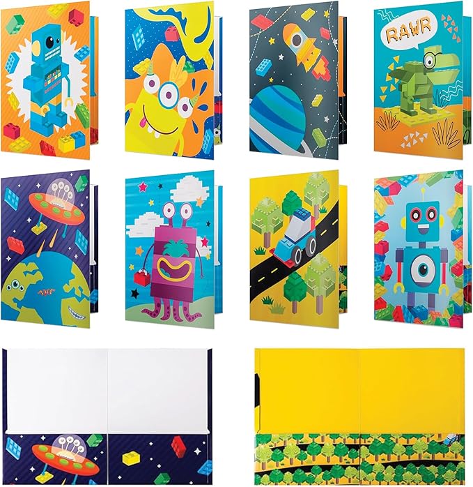 8 Kids Pocket Folders - Homework Folders in Futuristic Robots, Spaceships and Blocks Themes - Kids Folders with Pockets -8 Unique Designs in Front and Back Cover- 2 x 9.25 inch (8 Pack)