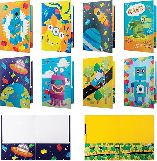 8 Kids Pocket Folders - Homework Folders in Futuristic Robots, Spaceships and Blocks Themes - Kids Folders with Pockets -8 Unique Designs in Front and Back Cover- 2 x 9.25 inch (8 Pack)