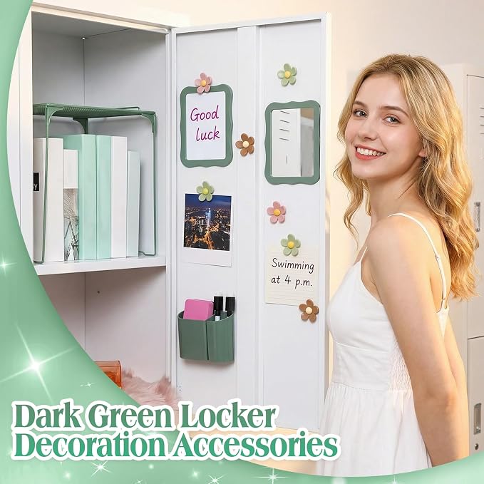Colarr 16 Pcs Dark Green Locker Accessories for Girls Includes Magnetic Whiteboard & Mirror Locker Shelf Pen Holder 2 Dry Erase Marker & Eraser 9 Flowers for Back to School Essentials Decoration