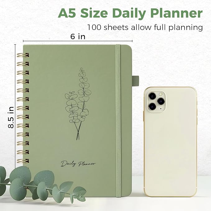Oucaru Undated Daily Planner, A5 Spiral Notebook with Hourly Schedule, To Do List, Priorities, and Notes for Productivity - Easily Organize Your Tasks, Appointments & Goals for Women