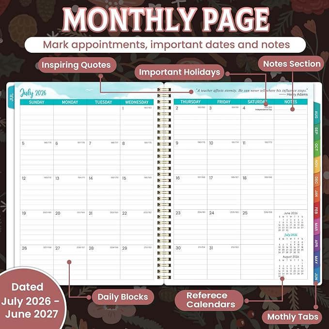 Teacher Planner 2026-2027 - Teacher Lesson Planner 2026-2027, July 2026 - June 2027, 8.5" x 11", Academic Planner for Teachers, Teacher Planner 26-27 Academic Year for School Year with Colorful Tabs and Inner Pocket - Pinecone