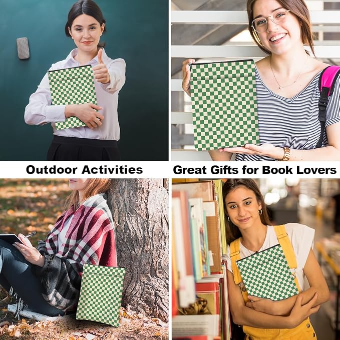 Green Plaid Book Lovers Gifts Book Sleeve Vintage Checkered Waterproof Book Cover Book Pouch Book Protector with Front Pocket Book Club Christmas Birthday Gifts for Women Girl Reader Book Accessories