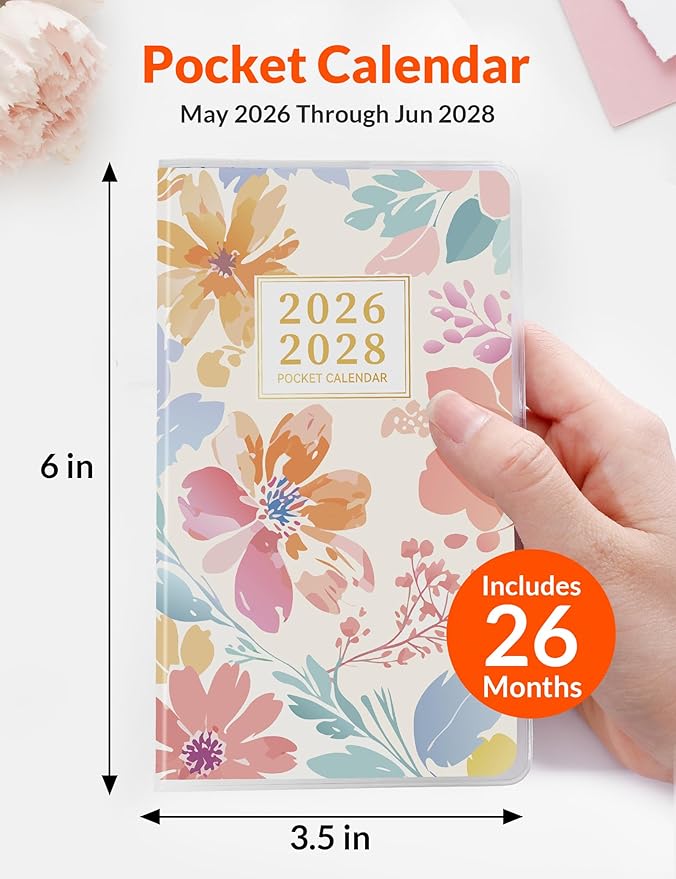 SUNEE Pocket Calendar May 2026 to June 2028 - Two Year Monthly Planner Small Calendar 3.5" x 6" Organizer for Daily & Yearly Schedule - Compact Agenda Notebook for School, Work, Women, Colorful Floral