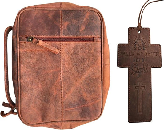 Genuine Leather Bible Case for Men & Women 11 x 8 inch, Bible Cover with Handle & Zip Clousre, Pen Holder, Multiple Storage Compartments Bible Carrying Bag (Red)